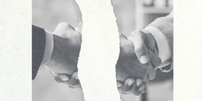 Graphic of two hands shaking torn in the middle