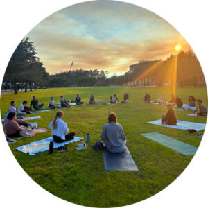 Students practice yoga on campus green