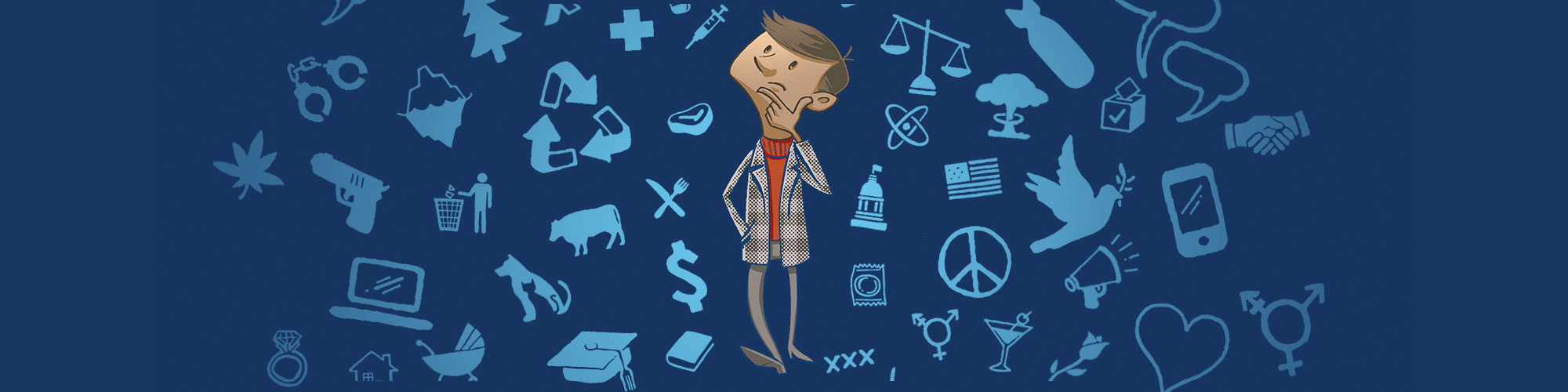 Cartoon man walks looking contemplative while surrounded by icons