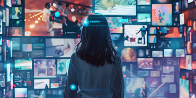 AI rendering of person surrounding by floating videos and images