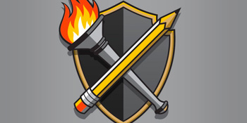 Illustration of a pencil crossed with flame of knowledge in front of a shield.