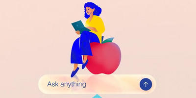 Illustration of person using a laptop  while sitting on a laptop over a search field reading 'Ask anything'