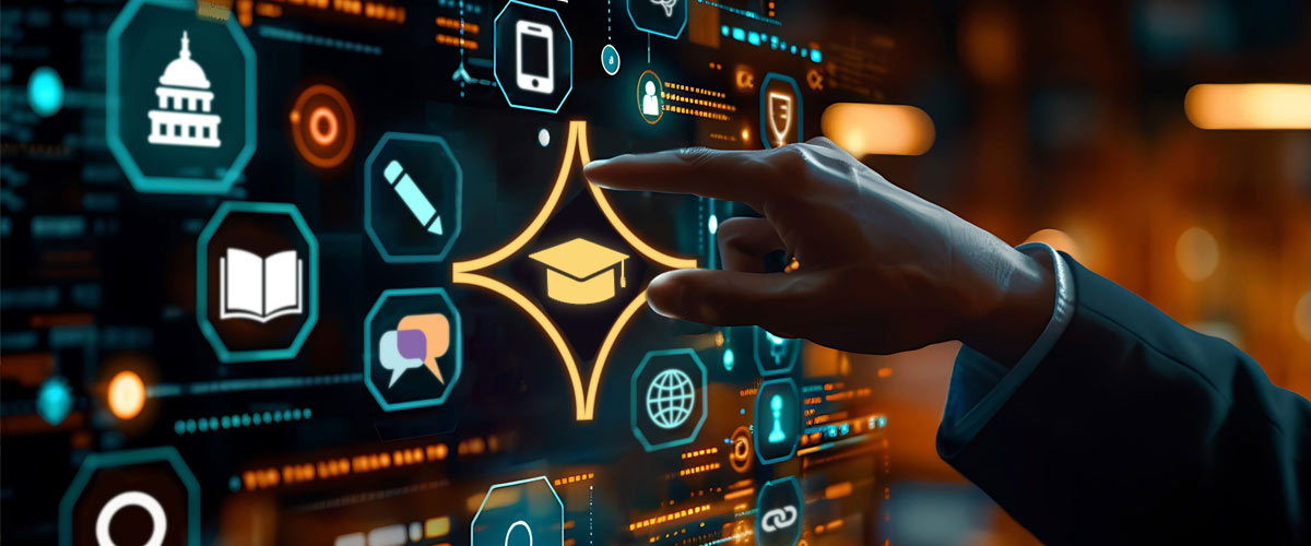 Hand pointing at screen with graduation icon. Created using a combination of AI-generated and manually generated imagery.