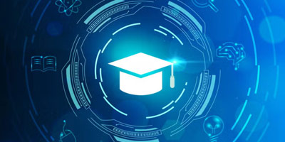 Icon of a graduation cap surrounded by tech-inspired shapes