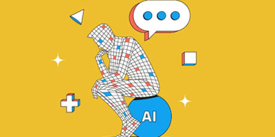 Stylized llustration of man in thinking pose, sitting on a ball with AI written on it