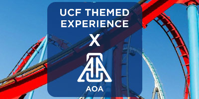 Photo of roller coaster track overlaid with text reading 'UCF Themed Experience X AOA'