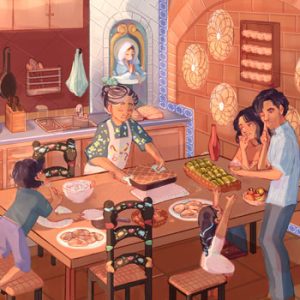 Detail of an illustrated scene of a family in the kitchen, by Alexandra Hidalgo