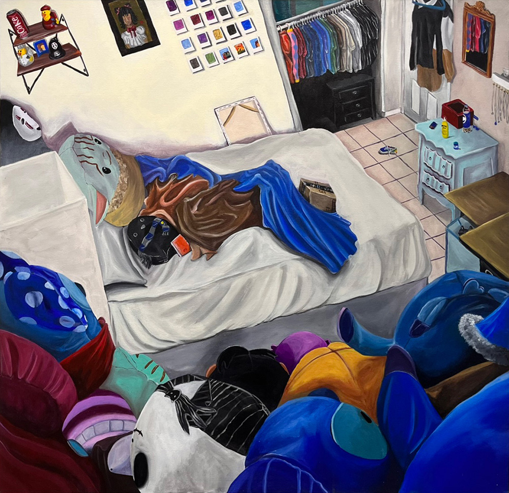 Colorful painting of a bedroom with many stuffed animals by Nemesis Deras