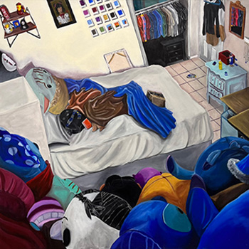 Colorful painting of a bedroom with many stuffed animals by Nemesis Deras