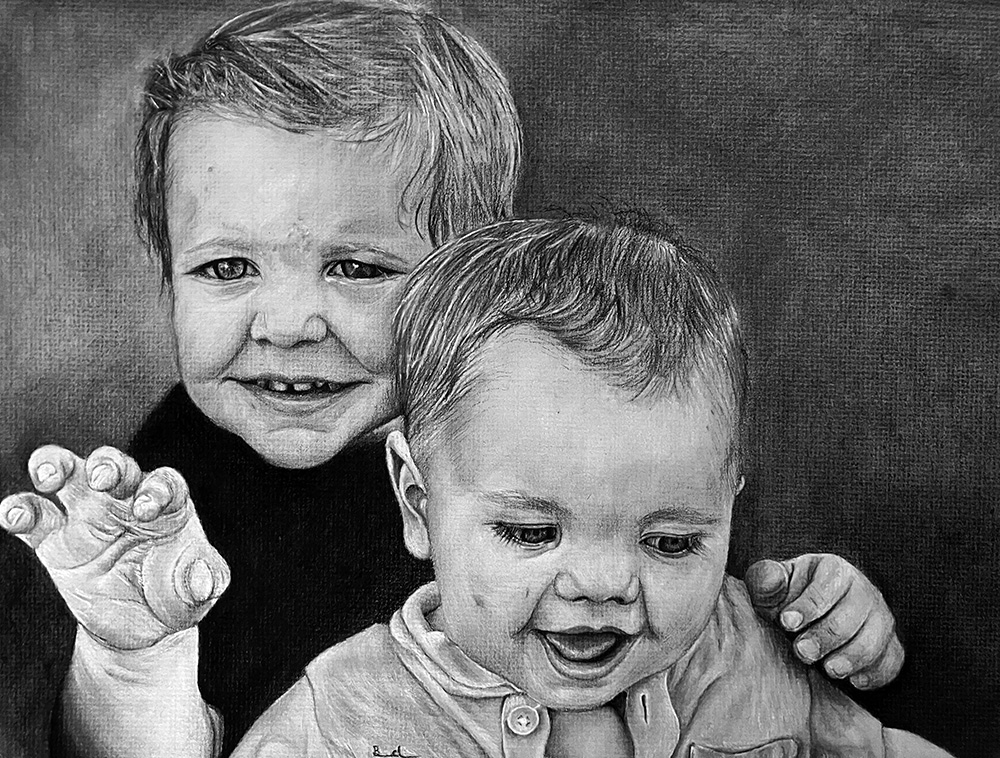 Black-and-white, realistic drawing of two young children by Brandon Kirchman