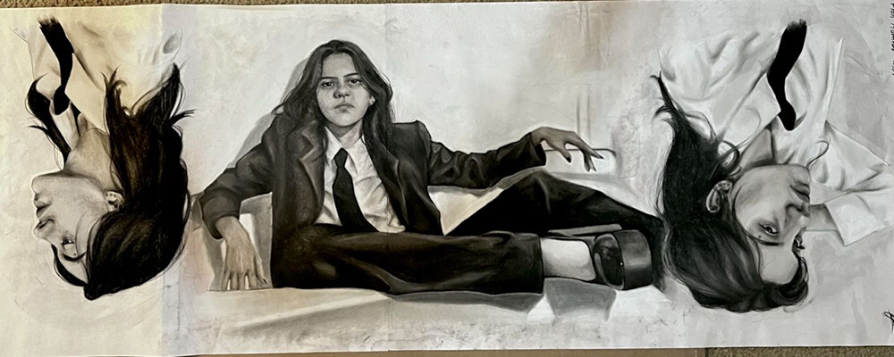 Black and white drawing of a woman in a suit and tie by Frances Martinez