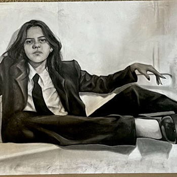 Detail of a black and white drawing of a woman in a suit and tie by Frances Martinez
