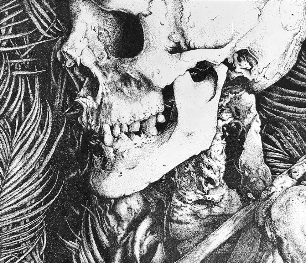 Black-and-white, stippled drawing of a skeleton and palm fronds by Julia Hofacker