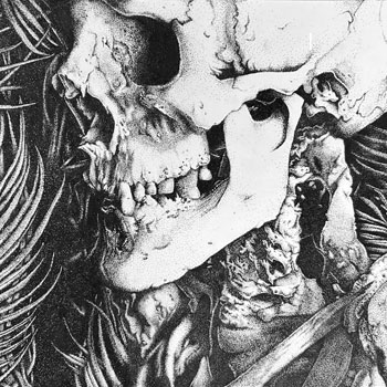 Detail of a black-and-white, stippled drawing of a skeleton and palm fronds by Julia Hofacker