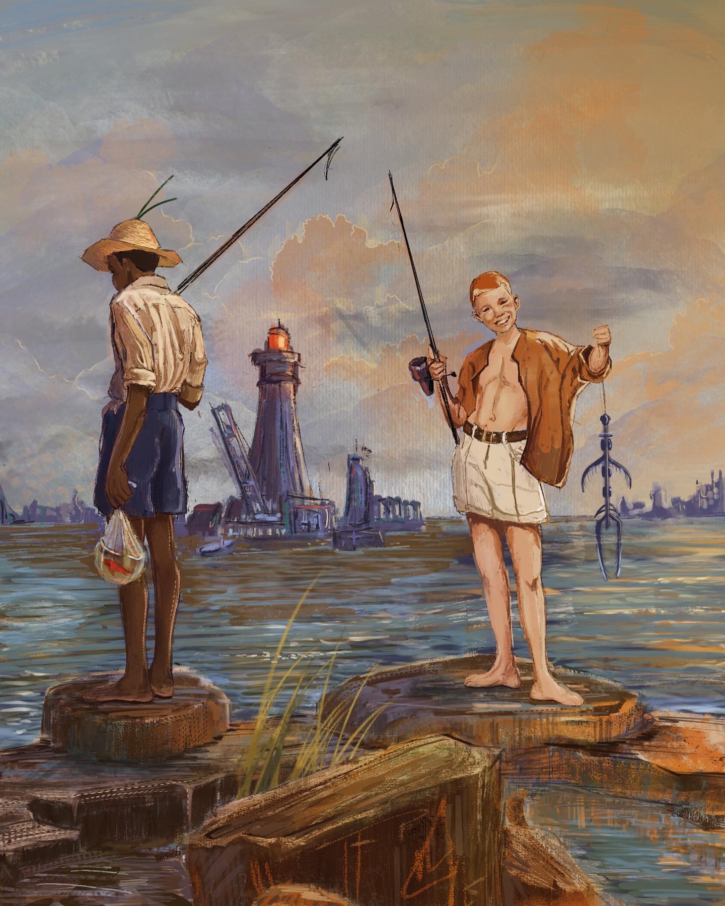 Painting of two boys stand on rocks by the water with fishing poles, one smiling proudly with a catch while the other looks down. A lighthouse and industrial buildings are visible in the background under a colorful sky, created by Isabella Comellas.