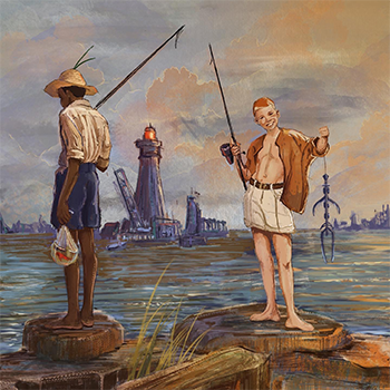 Painting of two boys stand on rocks by the water with fishing poles, one smiling proudly with a catch while the other looks down. A lighthouse and industrial buildings are visible in the background under a colorful sky, created by Isabella Comellas.