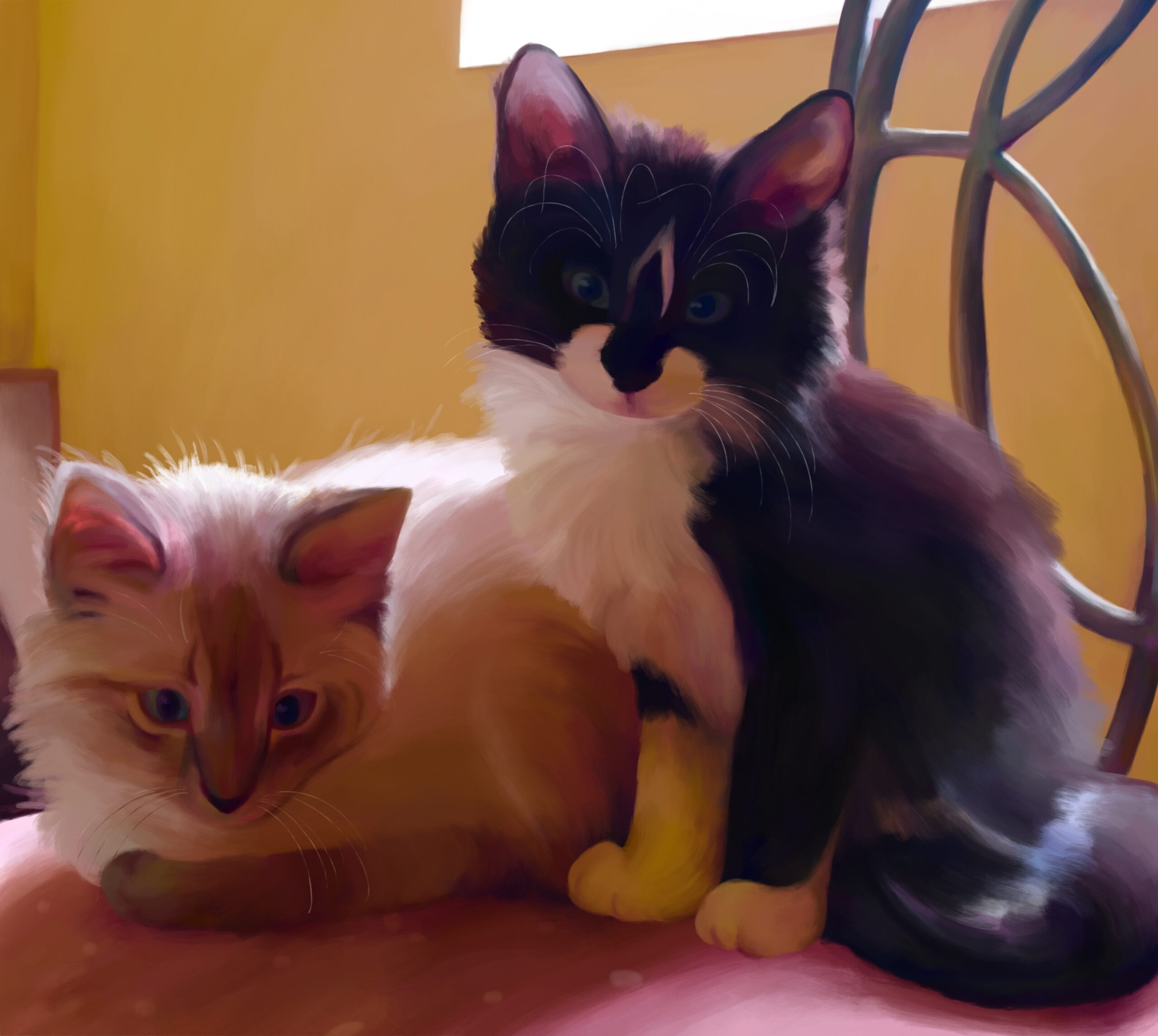Realistic, colored painting of two cats sitting on a chair by Sophia Alacron