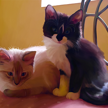 Realistic, colored painting of two cats sitting on a chair by Sophia Alacron