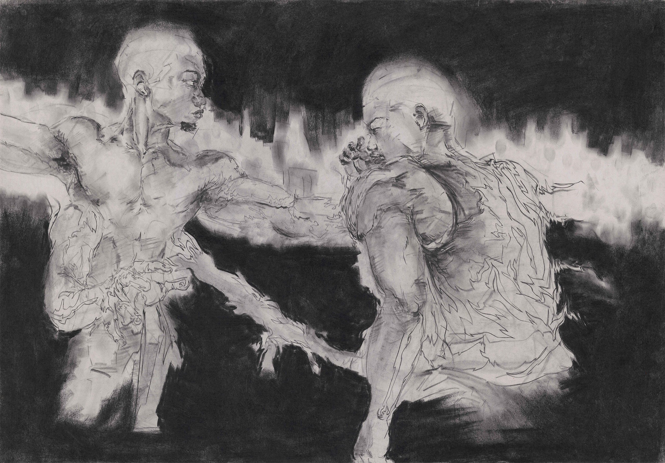 Black and white charcoal abstract drawing of two men with torn clothes fighting, created by Justin Maignan