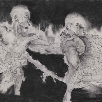 Black and white charcoal abstract drawing of two men with torn clothes fighting, created by Justin Maignan