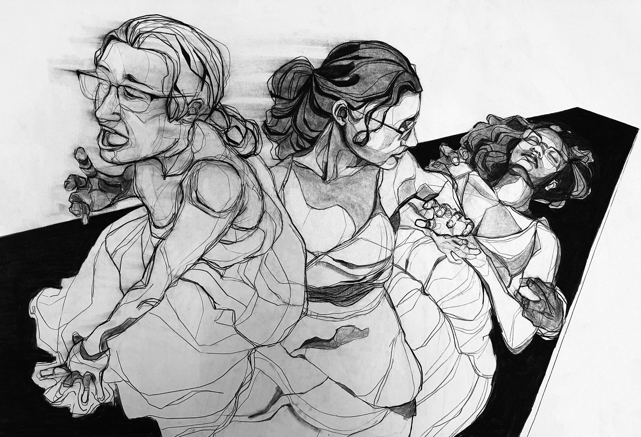 Black and white illustration of a woman sleeping on a black surface with two other woman overlapping her getting up, created by Yadimar Rodriguez