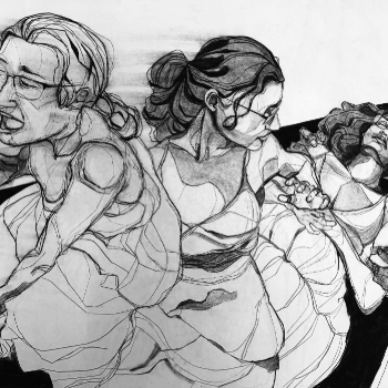 Black and white illustration of a woman sleeping on a black surface with two other woman overlapping her getting up, created by Yadimar Rodriguez