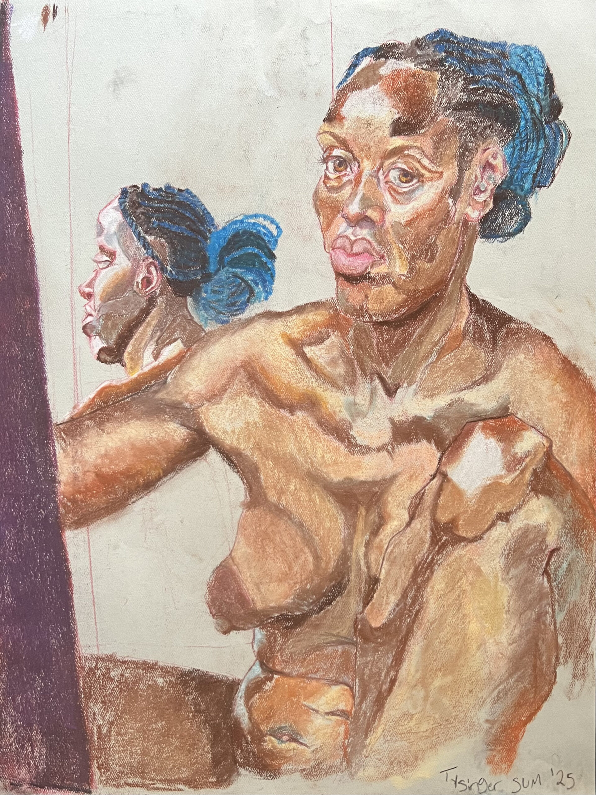 Colored illustration of a nude blue haired woman sitting and painting, with a side profile view of her over her shoulder, created by Taneria Tysinger