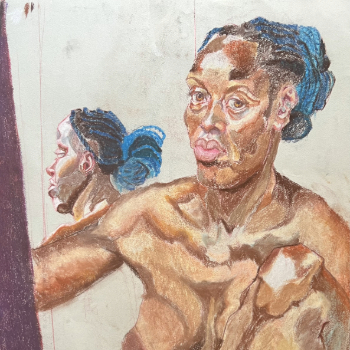 Colored illustration of a nude blue haired woman sitting and painting, with a side profile view of her over her shoulder, created by Taneria Tysinger