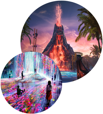 Inset images of Video projection water fall and Volcano Bay water park