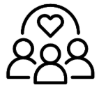 A heart icon surrounds three illustrated people.