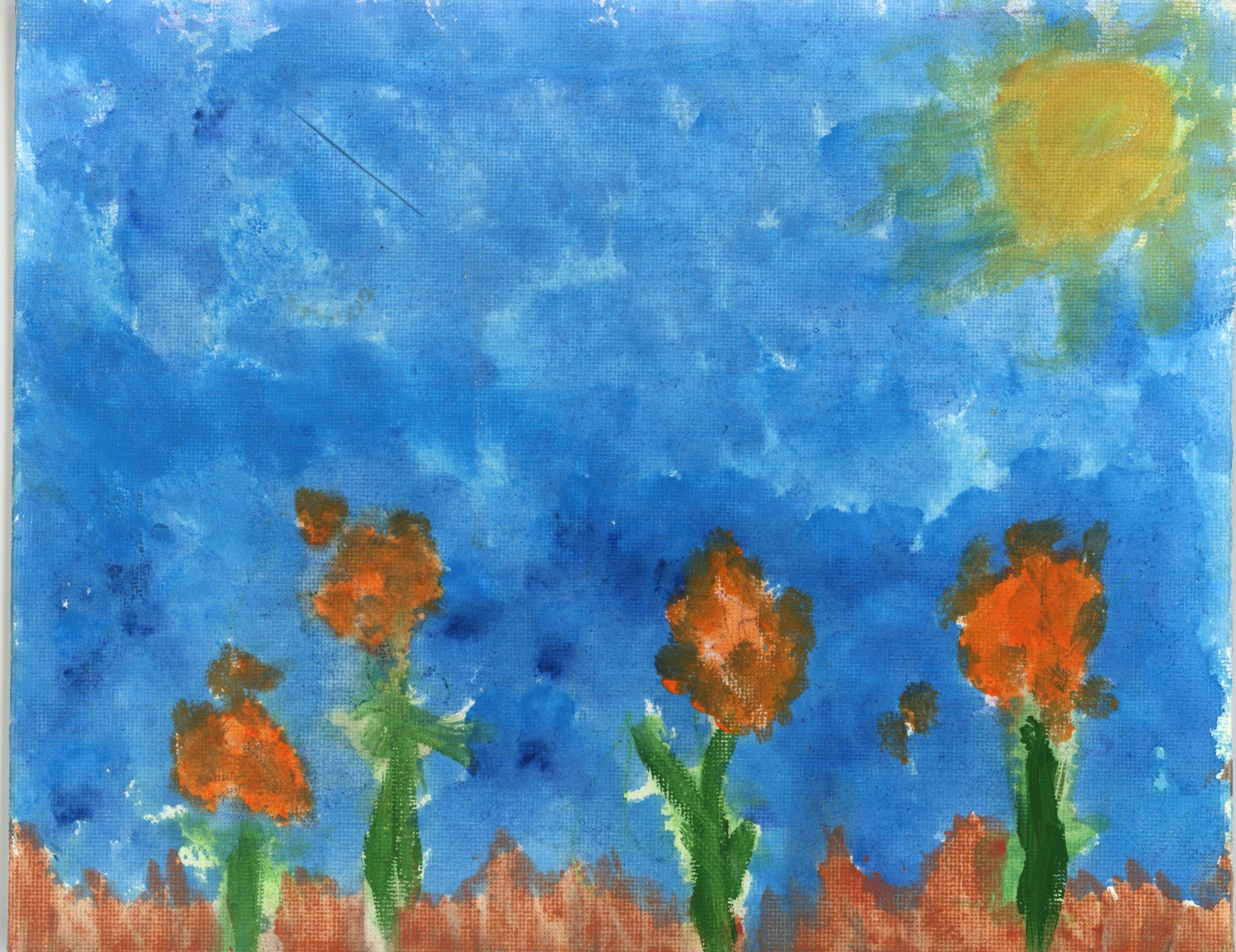 Watercolor painting of blue sky with flowers