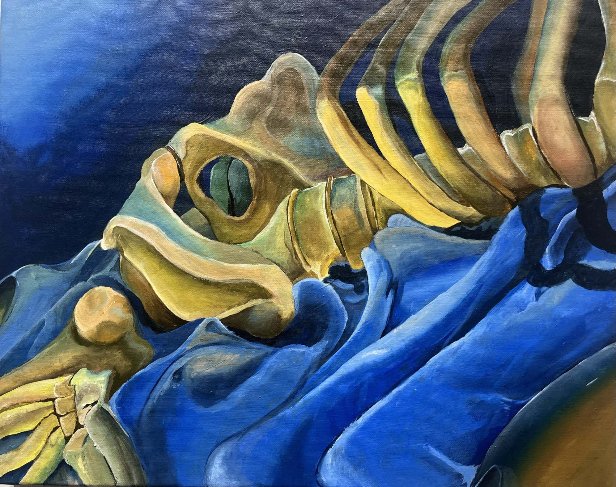 Still life painting of portions of a skeleton resting on a blanket, by Nemesis Deras
