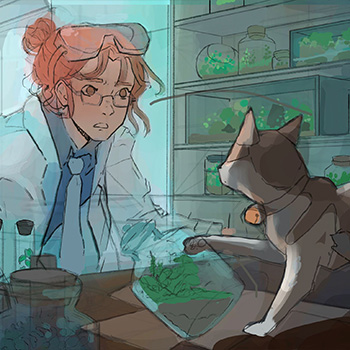 Detail of an illustration of person in a lab coat watching a cat knock over a jar containing a plant, by Nicholas Larsen