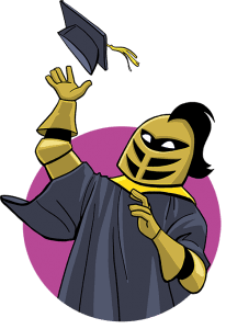 Cartoon of UCF Knight mascot throwing a graduation cap