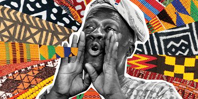 Image collage with Black man and African textiles