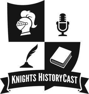 Knights HistoryCast shield logo with icons of a knight helmet, microphone, quill pen and book