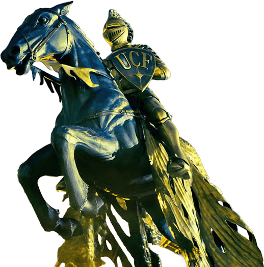 Statue of knight on horseback with UCF shield